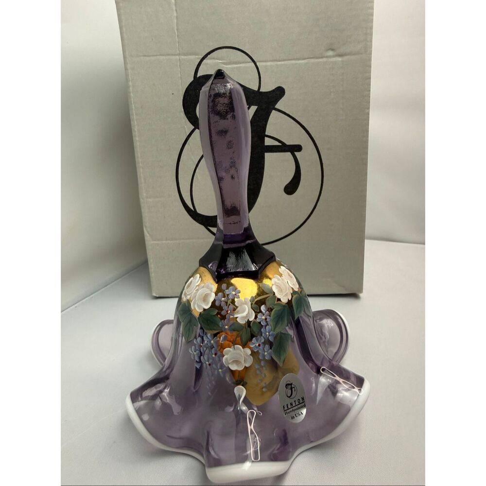 Fenton 2001 “Rose Court” Violet with Milk Ring Designer Bell – Hand Painted by F